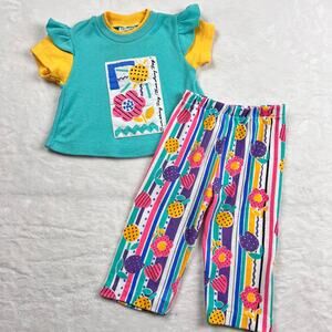 Confetti Knits Vintage Baby Girl Outfit Floral Colorful Pants & Shirt Size 6 MNS